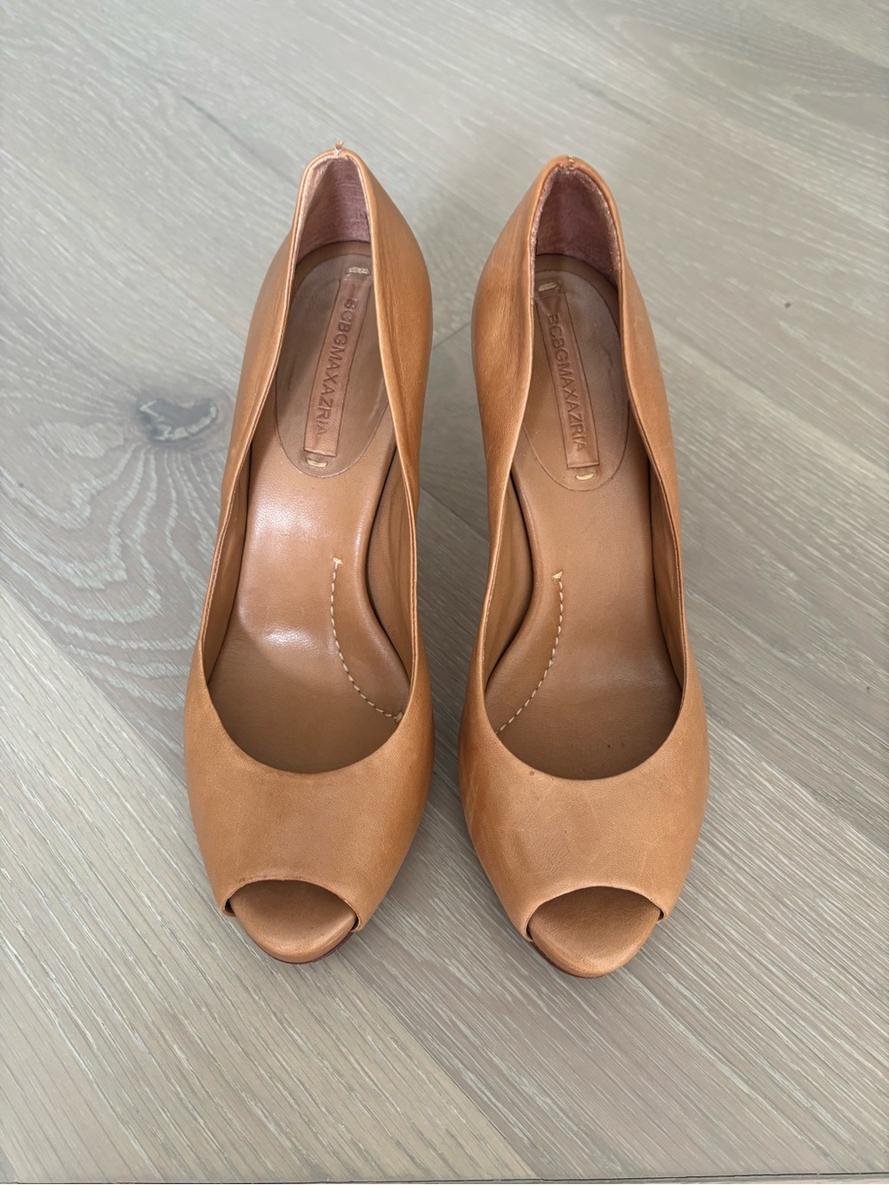 BCBGMaxAzria Tan Open-Toe Leather Pumps